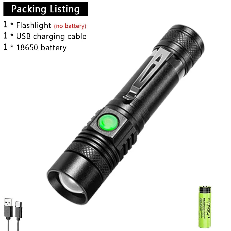 Lanterna tática LED potente. À prova d'água, recarregável por USB, zoom para áreas externas, acampamento.