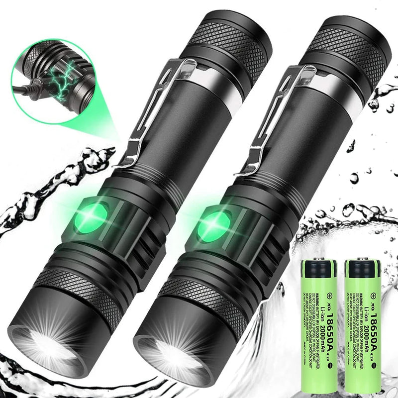Lanterna tática LED potente. À prova d'água, recarregável por USB, zoom para áreas externas, acampamento.