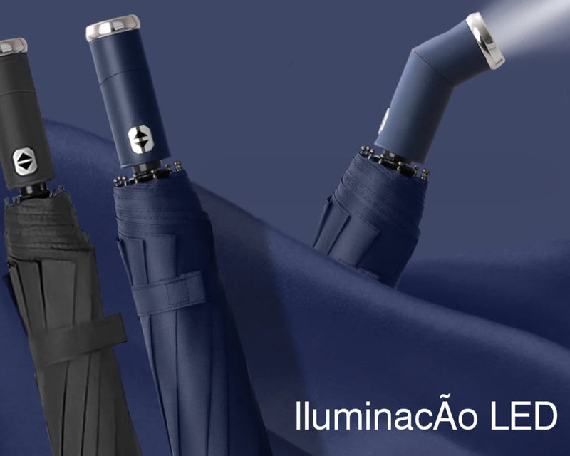 Guarda chuva dobrável automático de 10 ossos com luzes LED, portátil, ultravioleta, muito resistente