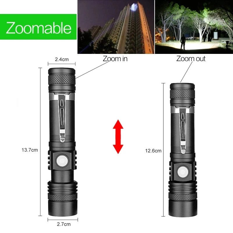 Lanterna tática LED potente. À prova d'água, recarregável por USB, zoom para áreas externas, acampamento.