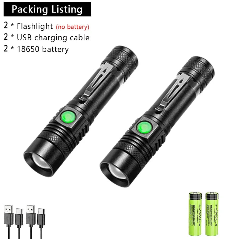 Lanterna tática LED potente. À prova d'água, recarregável por USB, zoom para áreas externas, acampamento.