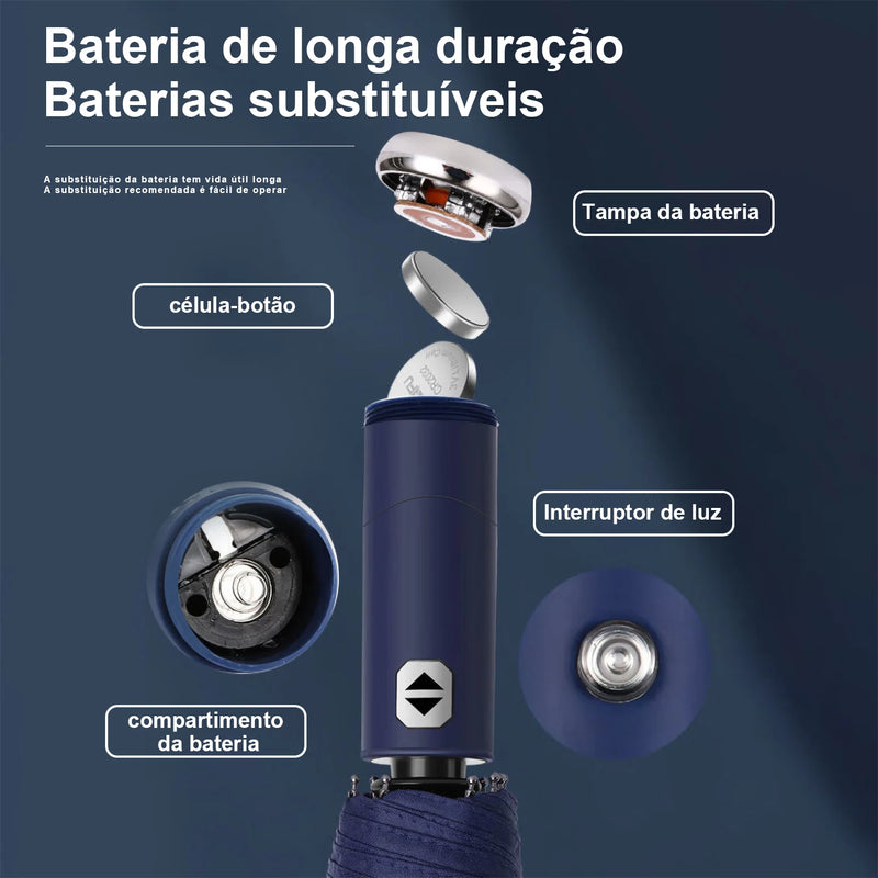 Guarda chuva dobrável automático de 10 ossos com luzes LED, portátil, ultravioleta, muito resistente