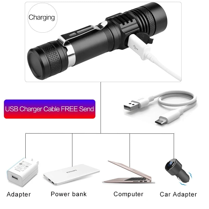 Lanterna tática LED potente. À prova d'água, recarregável por USB, zoom para áreas externas, acampamento.